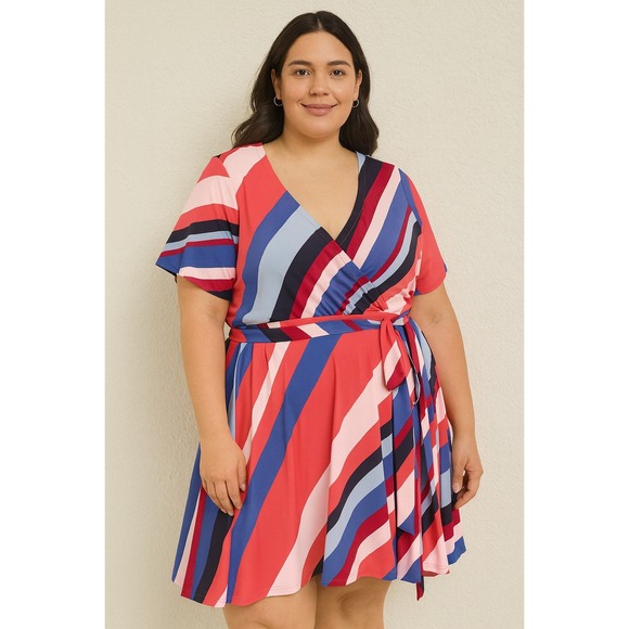 Lane Bryant Plus Size 22/24P Red‎ Blue Striped Tie Waist Midi Dress - Picture 1 of 7